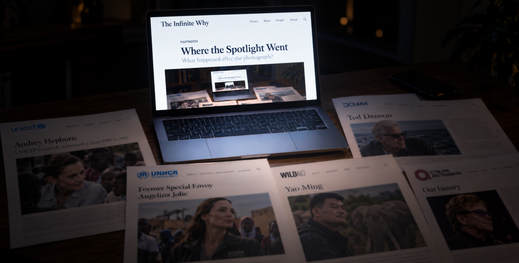 A laptop displaying The Infinite Why illuminates source pages from humanitarian, conservation and public-advocacy organisations on a dark research table.